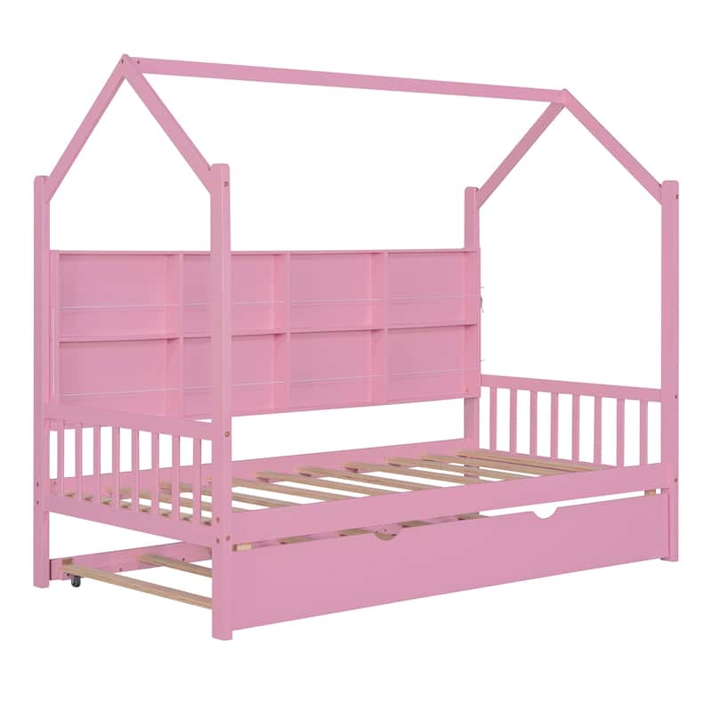 Wooden Twin Size House Bed with Trundle