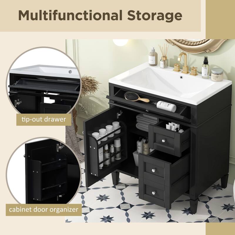 Roomfitters 30" Vanity with Sink, Bathroom Cabinet with 2 Drawers and Tip-out Tray, Modern Freestanding Design
