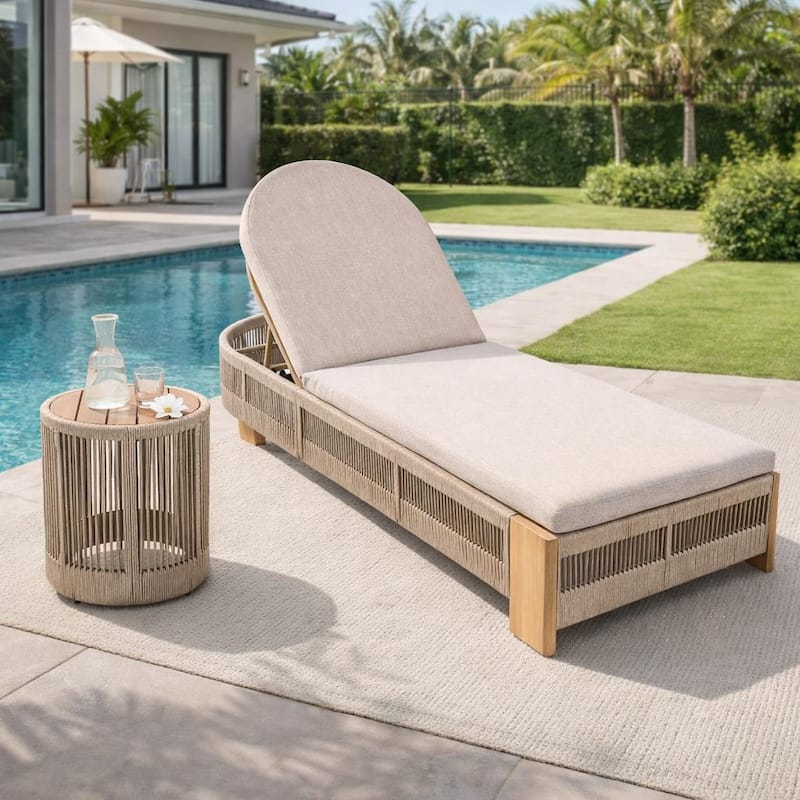 Outdoor Chaise Lounge w/Adjustable Backrest and Waterproof Cushion, Acacia Wood Pool Chair - Teak+ Beige  1chair+1 side table
