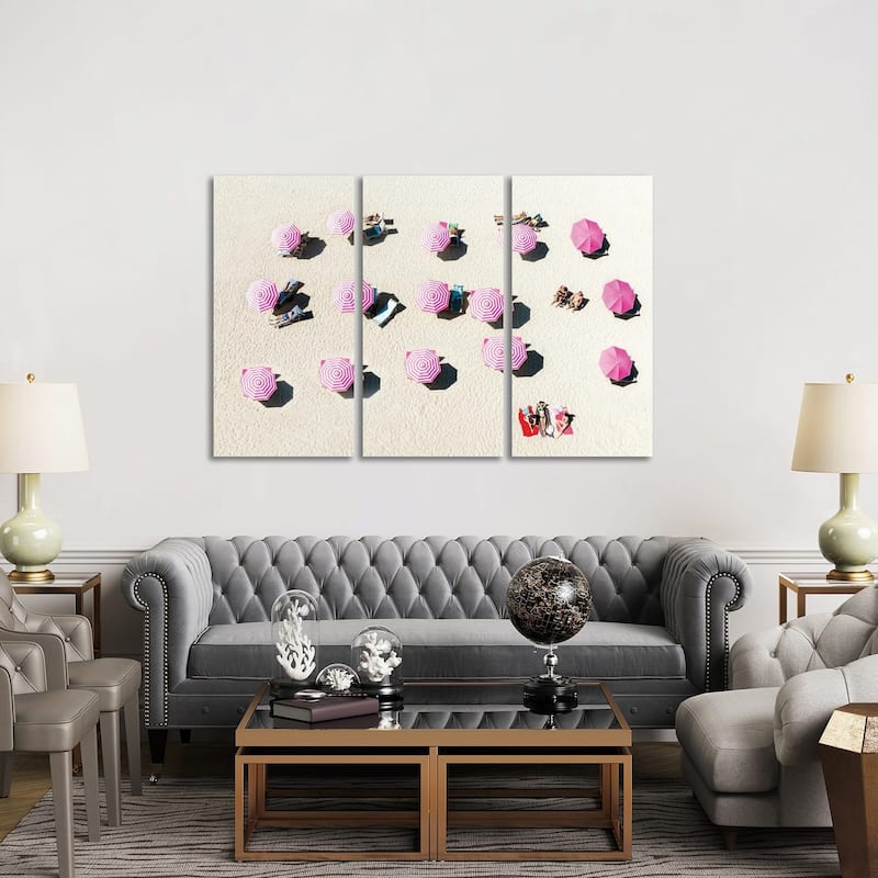 iCanvas "Pink Beach Umbrellas, Miami Beach Florida" by Susanne Kremer 3-Piece Canvas Wall Art Set - 40x60x1.5