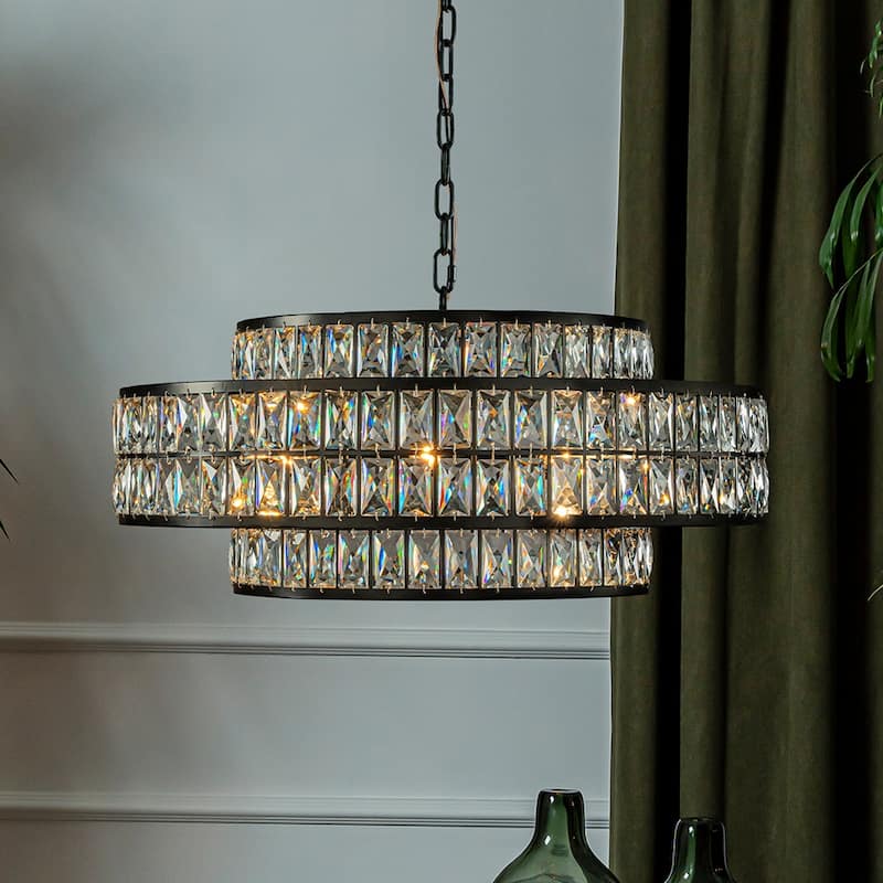 Modern Crystal Chandelier Matte Black Finish Tiered Drum Pendant Light for Small Spaces Dining Room Entryway - W28''