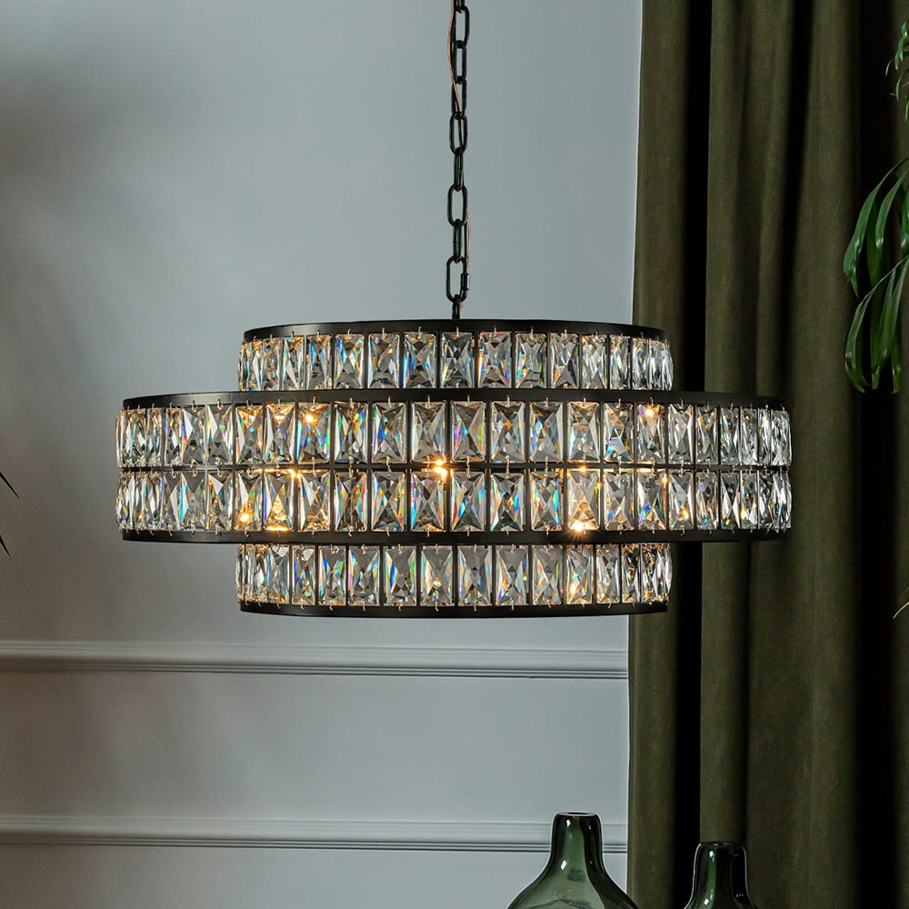 Modern Crystal Chandelier Matte Black Finish Tiered Drum Pendant Light for Small Spaces Dining Room Entryway