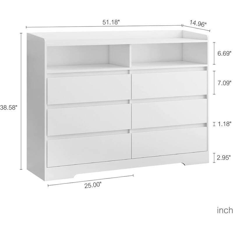 6 Drawer Dresser with LED Lights, MDF Chests of Drawers for Bedroom Storage Cabinet, Wood Dresser with Open Shelves