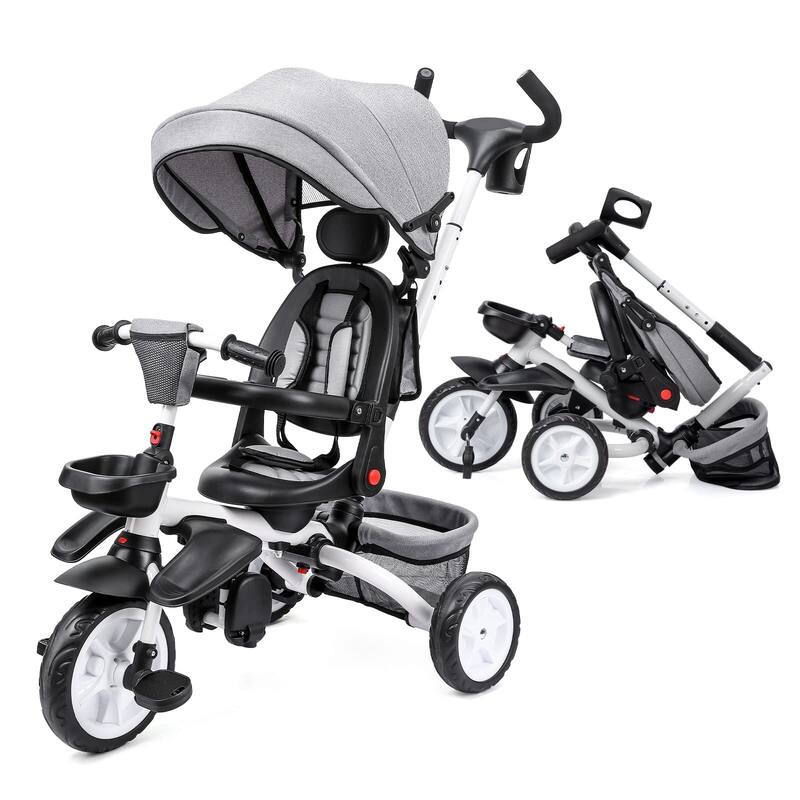 Baby Tricycle, 7 in 1 Folding Toddler Bike w/Removable Adjustable Push Handle - Grey