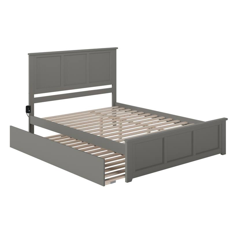 Solid Wood Platform Bed King Size with Footboard & Trundle - Grey Finish