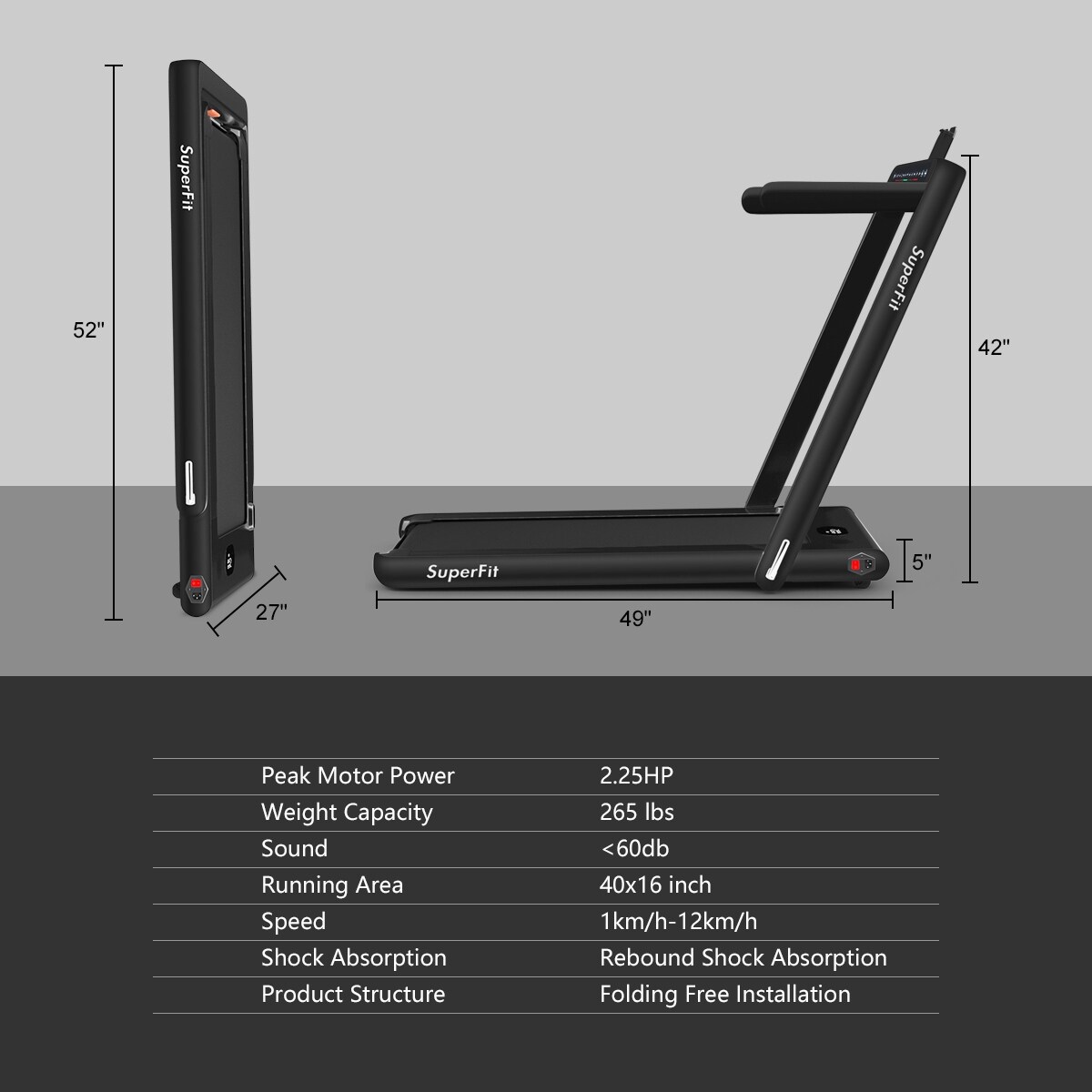 Superfit 2.25Hp 2 In 1 Dual Display Folding Treadmill Jogging