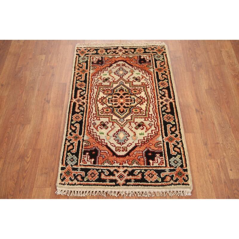 Hand Knotted Oriental 100% Wool Carpet Traditional Medallion Beige & Ivories Heriz (serapi) Area Rug - 3' 0'' X 2' 0''