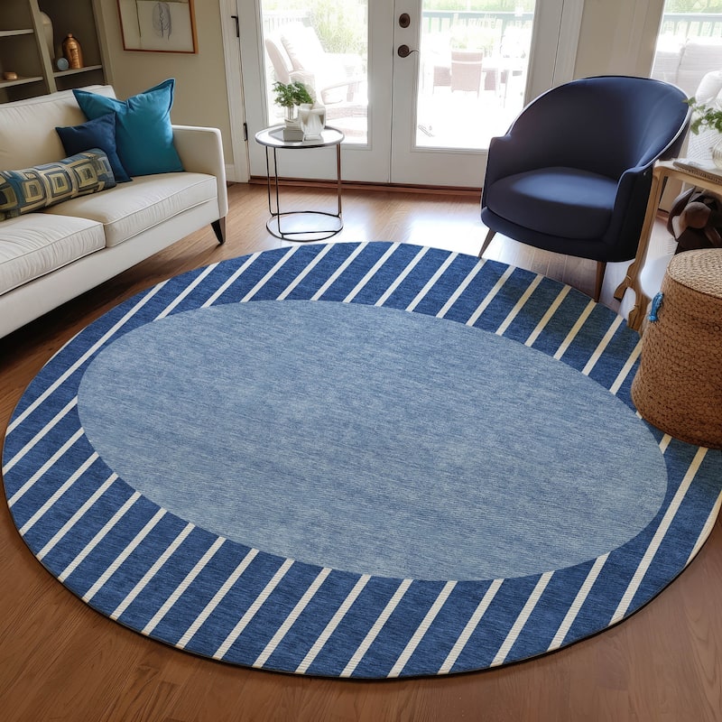 Machine Washable Indoor/ Outdoor Modern Sunrise Chantille Rug - Navy - 8' x 8'