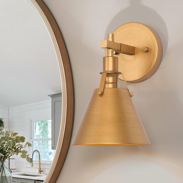Laluz Dilley Modern Brass Gold 1 Light Metal Wall Sconce Cone Bathroom Vanity Lights D6 x H8.5