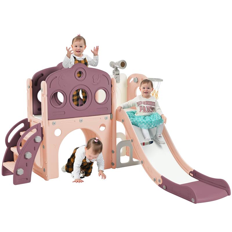 Freestanding Spaceship Set with Slide, Arch Tunnel and Basketball Hoop, Toy Storage Organizer for Toddlers, Kids Climbers