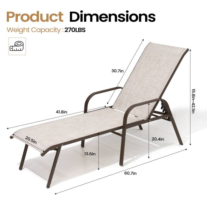 Set of 4 Outdoor Patio Adjustable Back Chaise Lounges Chairs with arms