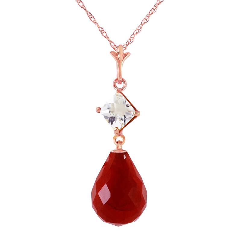 9.3 Carat 14K Solid Gold Gemstone Necklace Elegant White Topaz Ruby - 16 Inch - Rose
