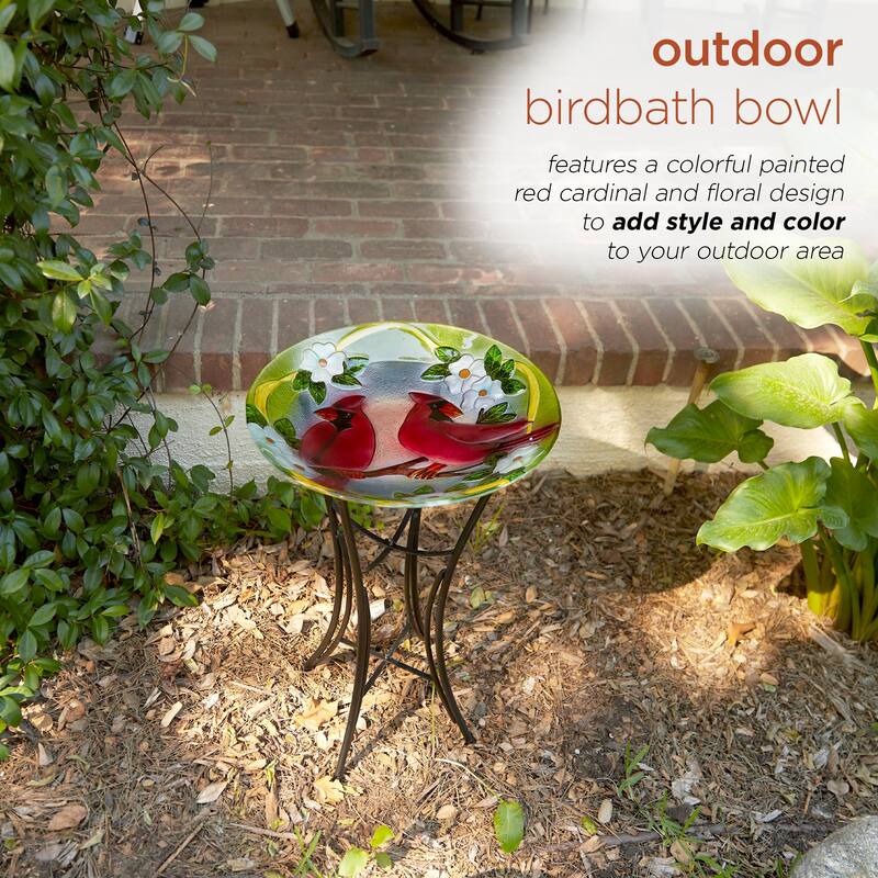Alpine Corporation 18" Round Outdoor Birdbath Bowl Topper with Painted Red Cardinal and Floral Design