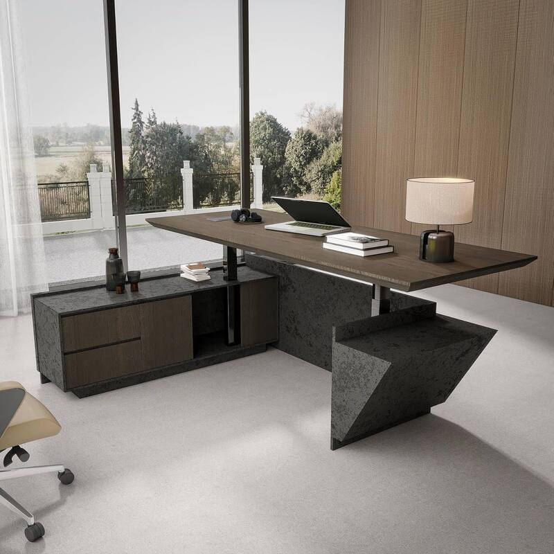 Adjustable Executive CEO Office L Shaped Desk with Drawer File Cabinets and LED Light