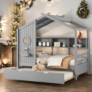 Wooden Twin Size House Bed With Trundle, Modern Design for Kids with ...