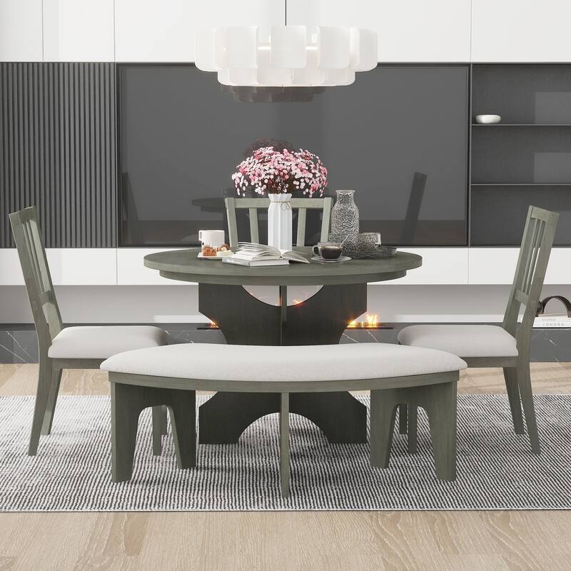 5-Piece Rustic Dining Set with Round Table, 3 Chairs & Bench