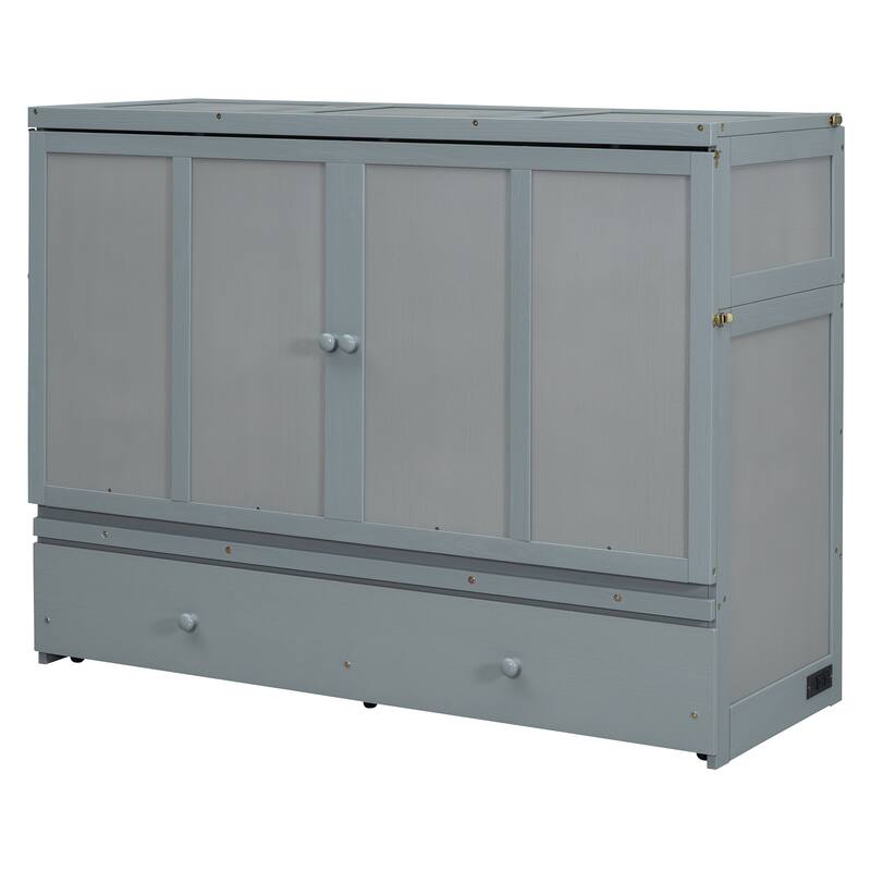 Queen Size Murphy Bed with USB Port and Large Drawer, Space-Saving Design, No Box Spring Needed, Espresso Finish