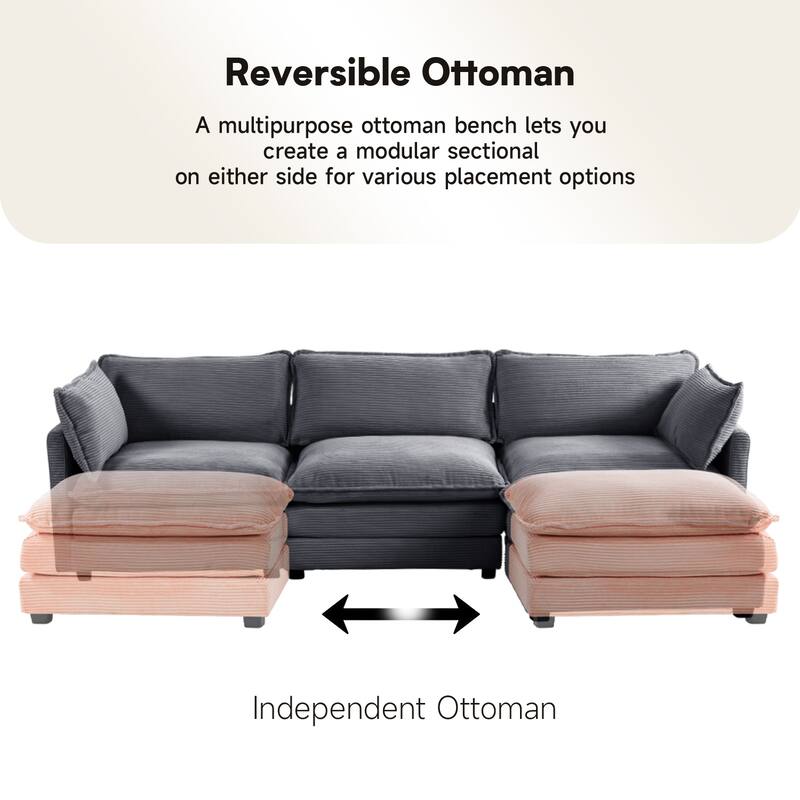 Corduroy Sectional Sofa with Removable Ottomans & Ultra-soft Cushions for Living Room & Bedroom