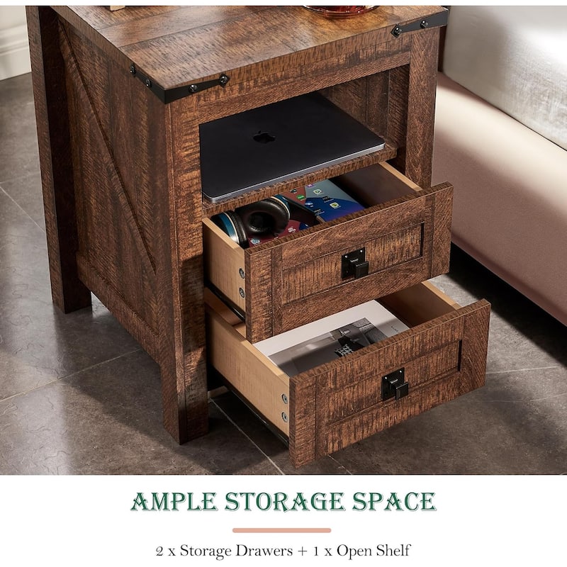 Farmhouse Nightstand Set of 2 with Charging Station, End Table