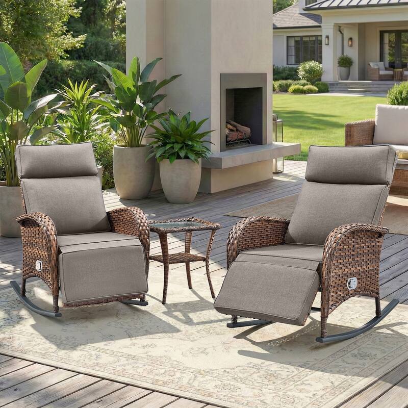 Pocassy Patio Versatile Outdoor Recliner Rocker Chair Table with Thick Cushion - Brown Wicker with Gray Cushion - 3-Piece Rocker Recliner Chair with Side Table