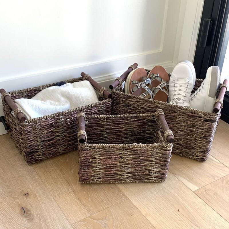 Two-tone Maize and Seagrass Storage Baskets (Set of 3) - Walnut
