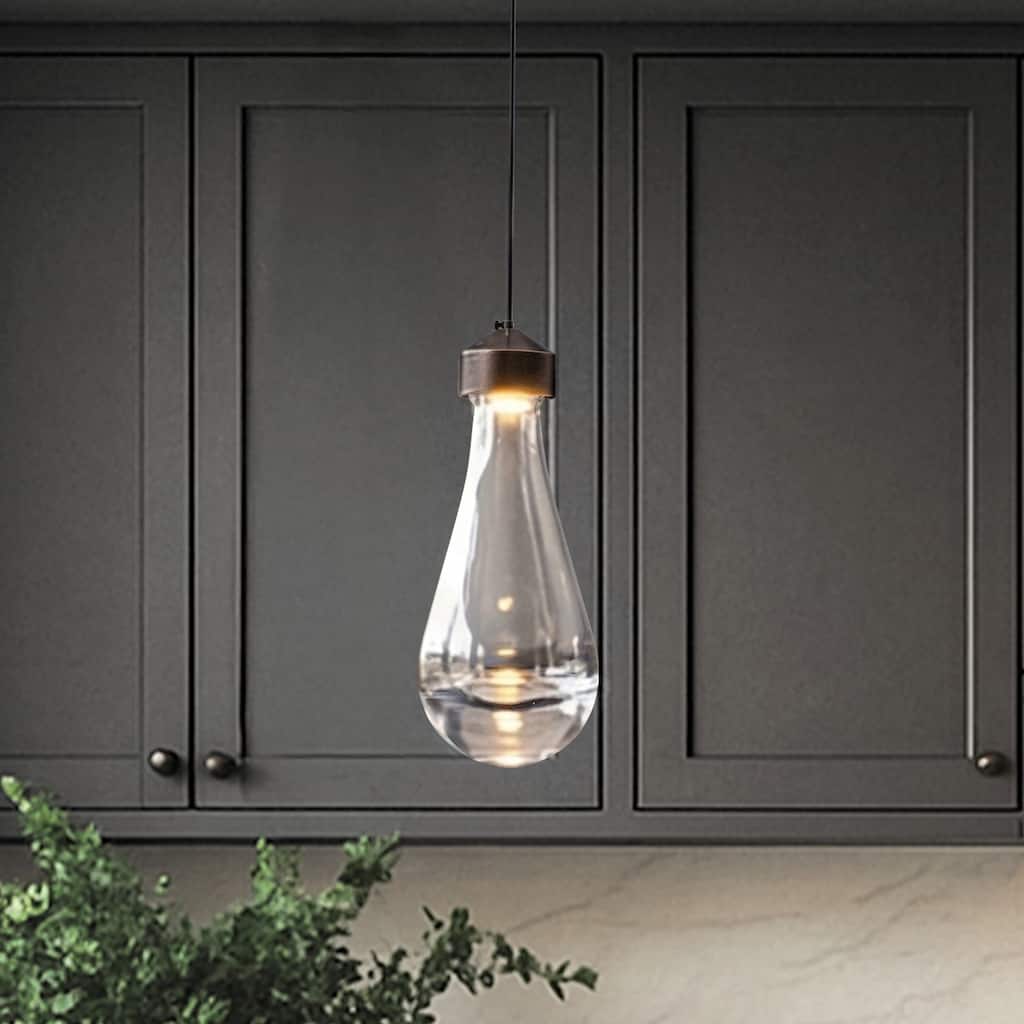 1-Light 5" Modern Teardrop Glass Integrated LED Pendant Light In Bronze Finish for Kitchen Island or Study Room - W5''