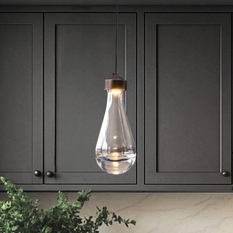 1-Light 5" Modern Teardrop Glass Integrated LED Pendant Light In Bronze Finish for Kitchen Island or Study Room - W5'' - W5'' - Plated Bronze