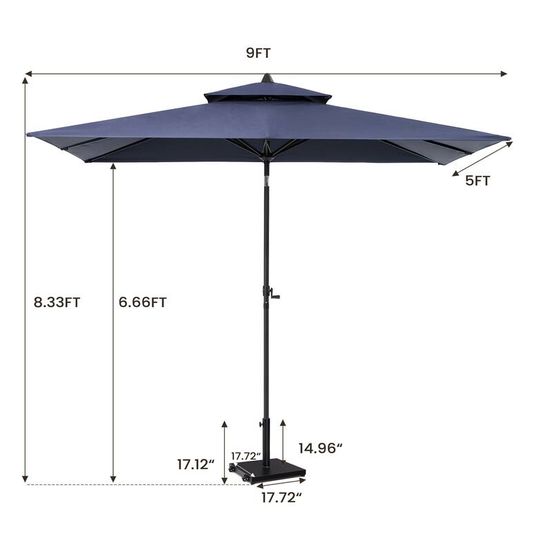 Pellebant 9 x 5 Ft Outdoor Double Top Market Umbrella with Wheels Base Stand