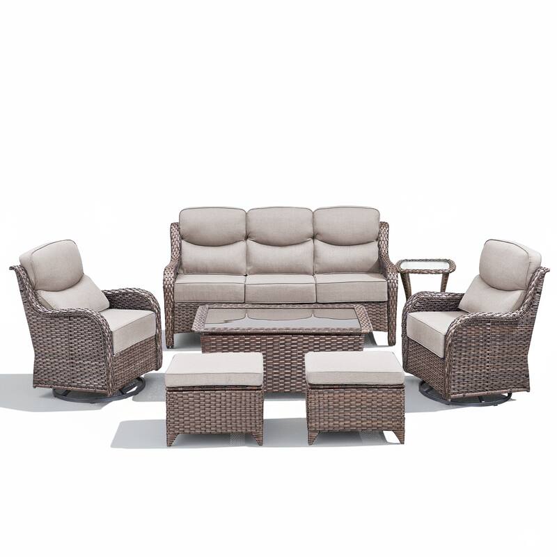Meyreso 7-Piece Wicker Patio Conversation Set with Swivel Gliders and 6-Inch Thick Cushions