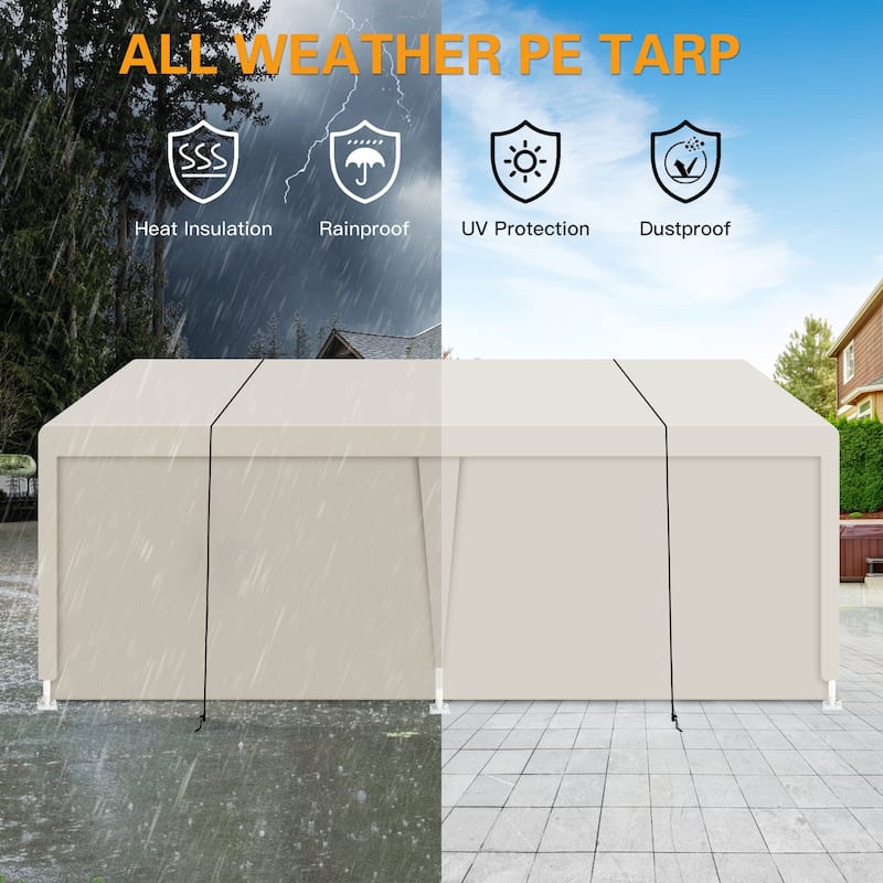 12x20 ft Portable All Weather White Carport Shelter Tent with PE Tarp for Family BBQ or Outdoor Dining