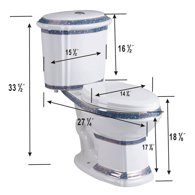 India Reserve Blue Gold Porcelain Elongated Two Piece Toilet Dual Flush Push Button Slow Close Toilet Seat - White