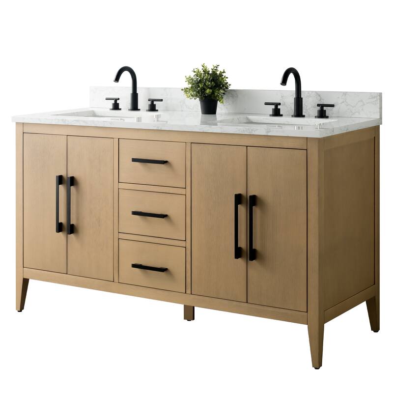 Vanity Art 60" Double Sink Bathroom Vanity Cabinet with Engineered Marble Top