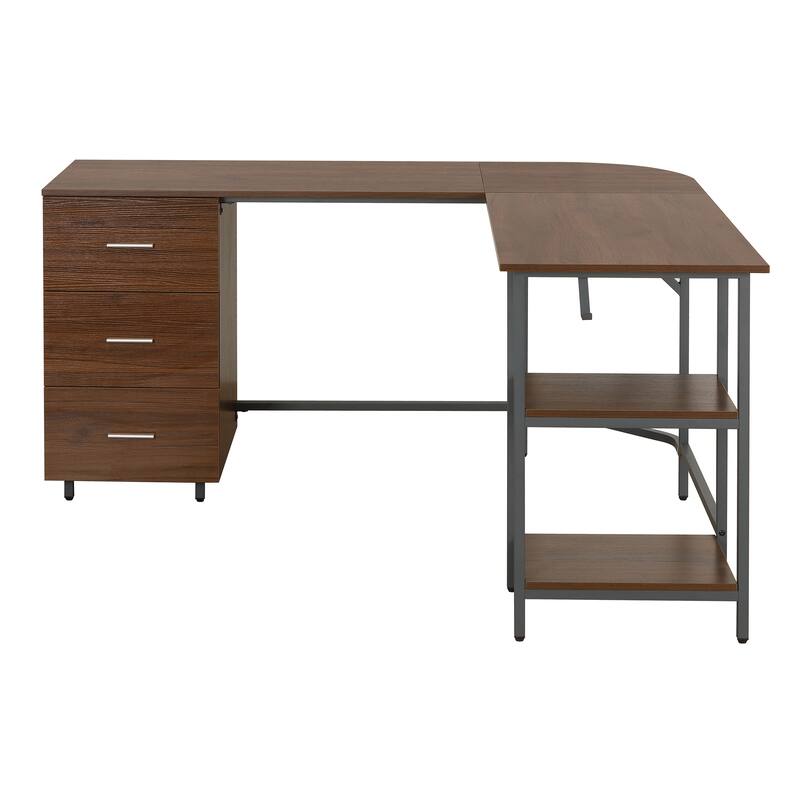 L-Shape Home Office Two Tone Desk with Storage, Walnut
