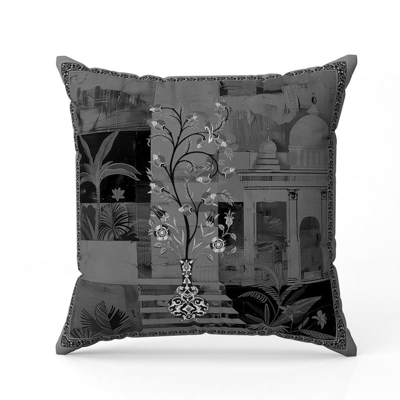 Shahi Garden Bloom Faux Suede Reversible Throw Pillow Gray and Black