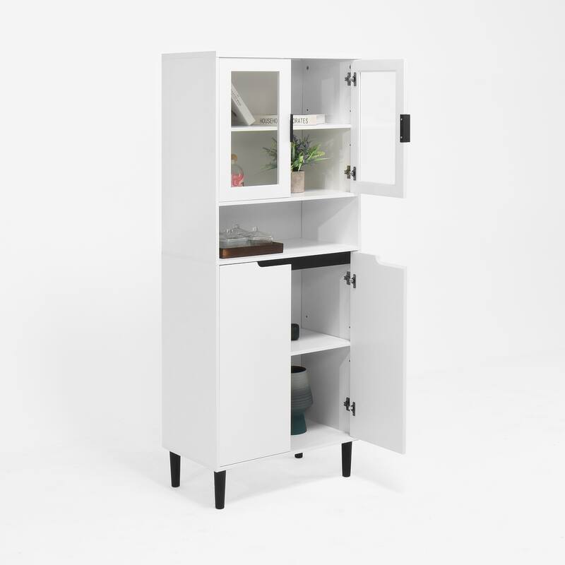 Anmytek White 4-Door Tall Storage Cabinet, Tempered Glass Doors, Adjustable Shelves, MDF Bookcase for Living Room Bedroom