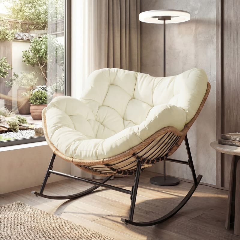 FINCATI Indoor Outdoor Royal Papasan Rocking Chair, 450 lbs Capacity Outdoor Papasan Rocking Chair with Padded Cushion