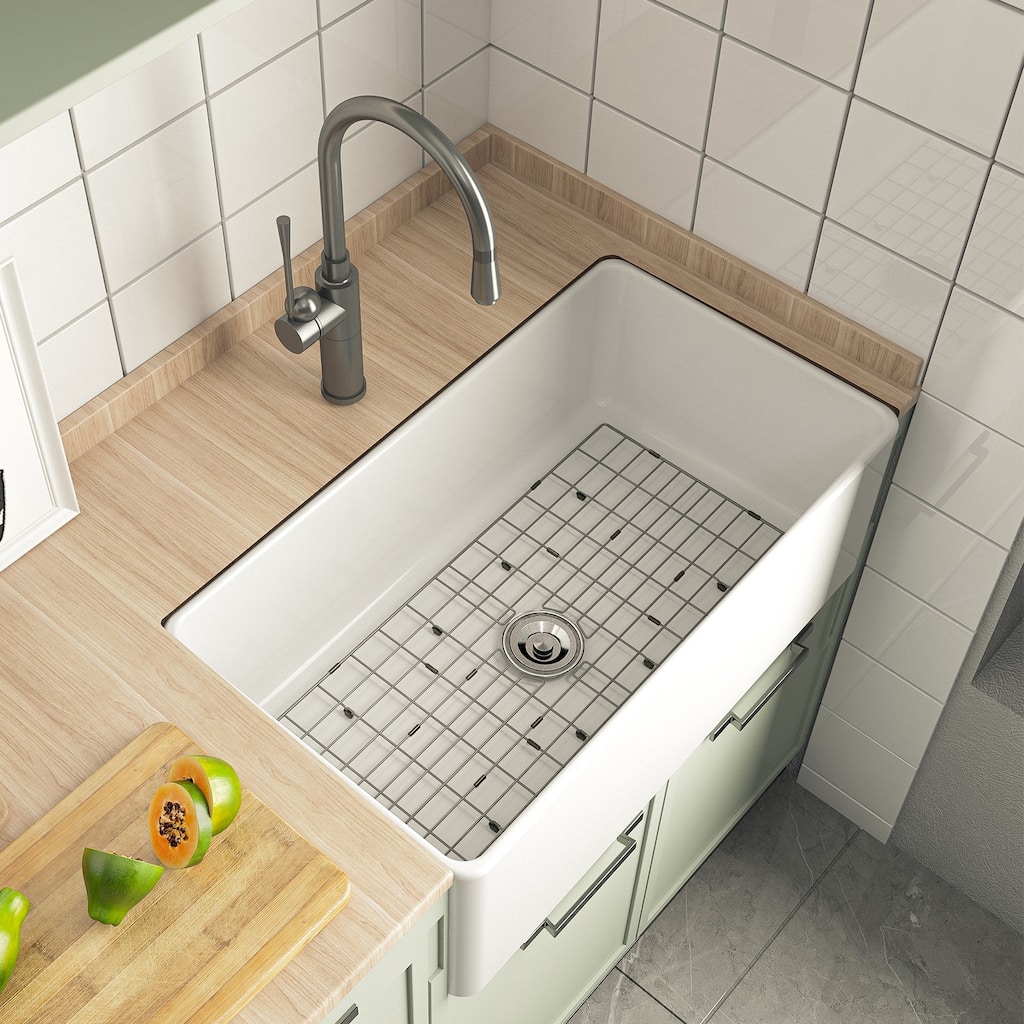 HOROW 30 in. White Fireclay Apron-Front Kitchen Sink, Single Bowl Design with Grid and Strainer