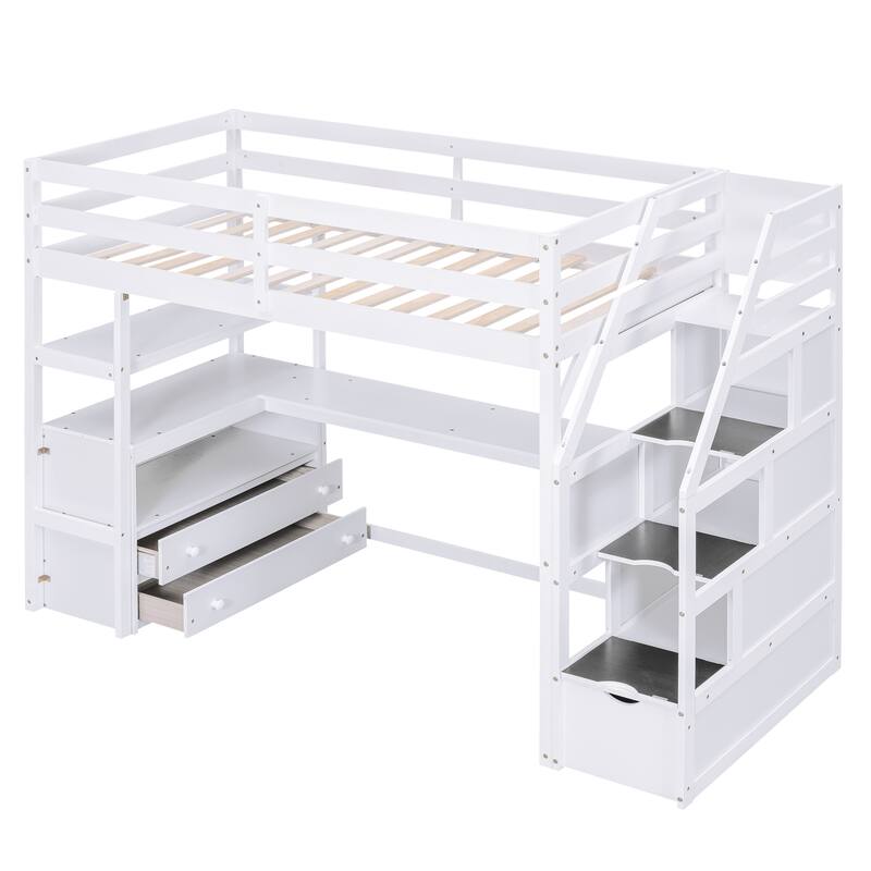 Stairway Loft Bed with L Shape Built-in Desk, Solid Wood High Loft Bedframe w/Shelves, Two Tier Drawers and Storage Staircase