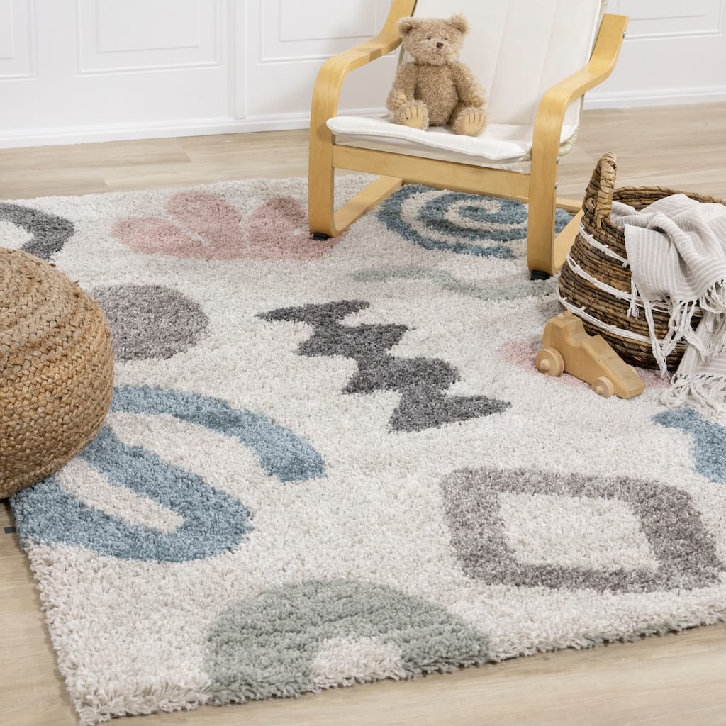 Kids Collection -Grey/Pink/Blue Abstract Shapes Rug
