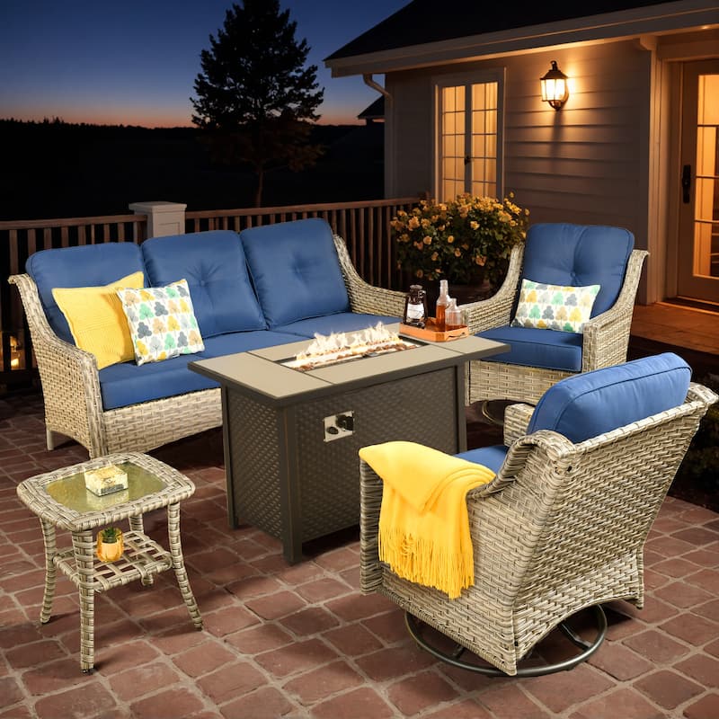 XIZZI Outdoor Wicker Patio Furniture Conversation Set with Fire Table - 5-piece - Navy Blue