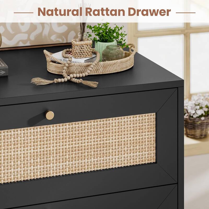 Rattan Nightstand for Bedroom Charging Station USB Ports LED Lights