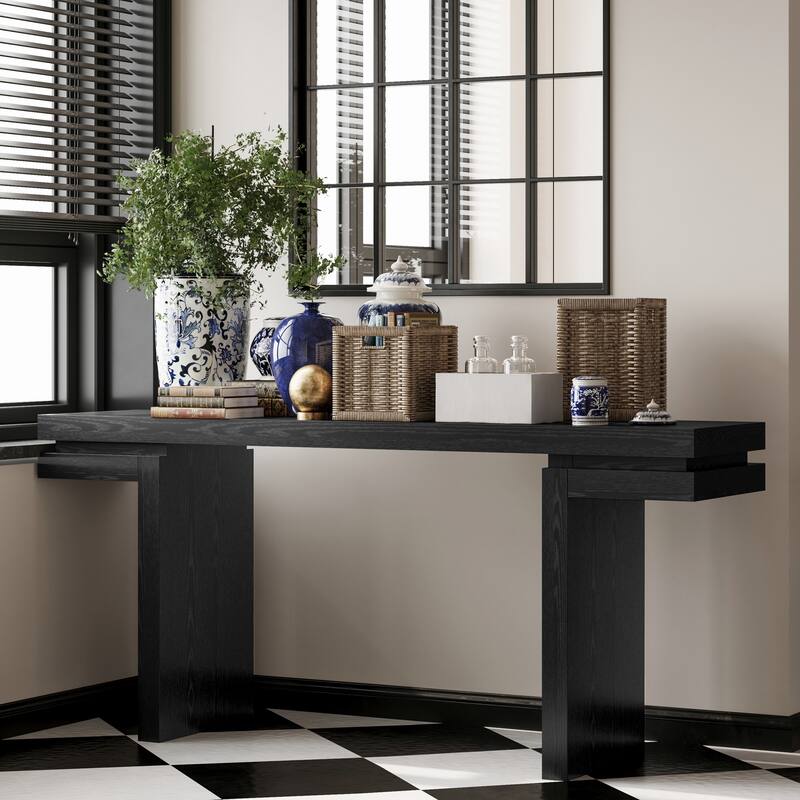 66" Extra Wide Real Wood Veneered Console Table Sofa Table Behind Couch - Black
