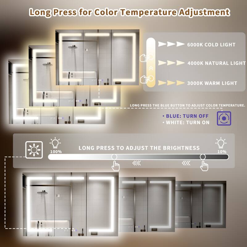 Modland 30"-60"W x 32"H Bathroom LED Medicine Cabinet with Mirror and Shelves, Defog and Stepless Dimming