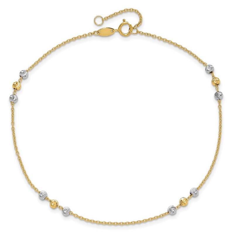 Curata 14k Two tone Gold 9+1" Diamond-cut Triple Bead Station Cable Chain Anklet (Spring-ring)