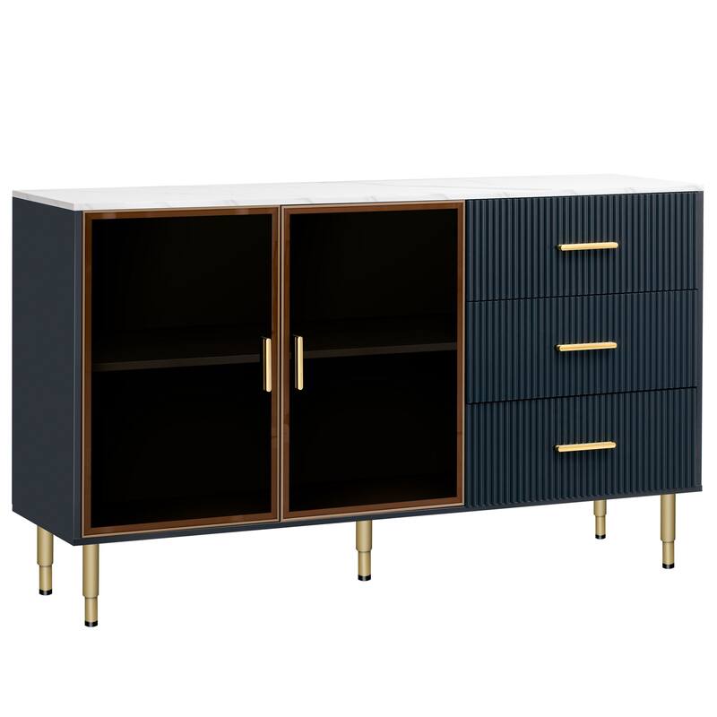 Anmytek Navy Blue Modern Sideboard Buffet Cabinet with Marble Tabletop, Amber Glass Doors and Gold Legs for Living Room