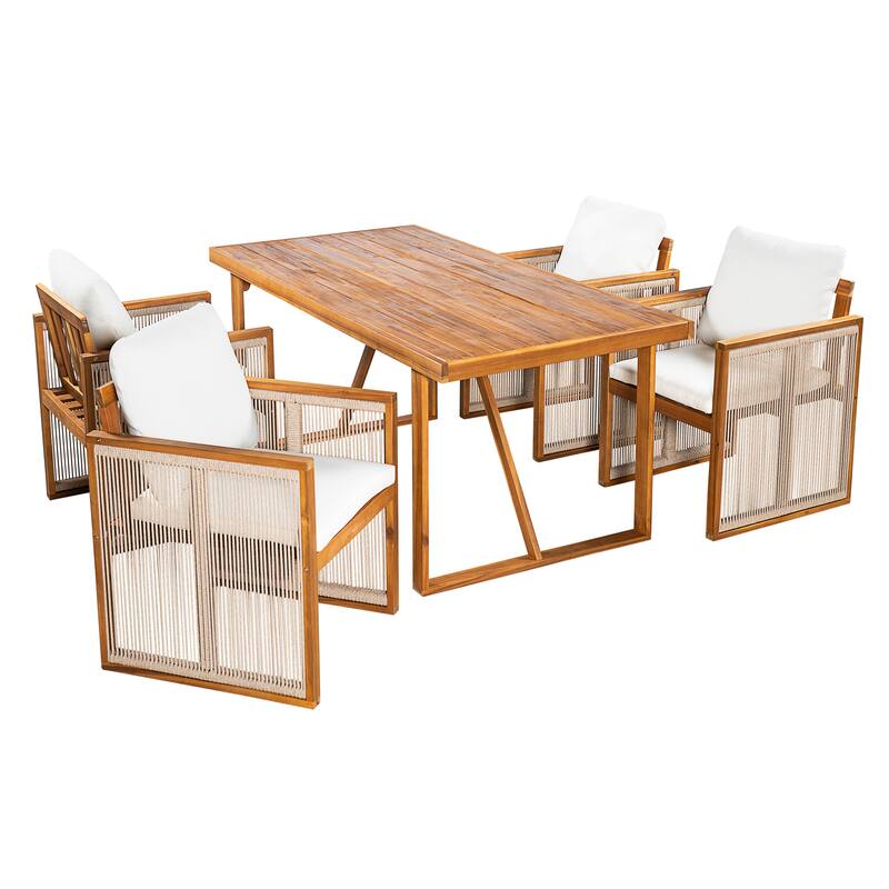 Christopher Knight Home - Modern Outdoor Acacia Wood Dining Set with Cushions and Handwoven Rope Chairs