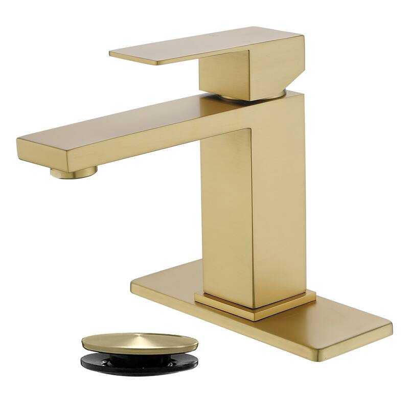 Single Handle Bathroom Sink Faucet with Pop-up Drain 304 Stainless Steel 1 Hole Basin Vanity Faucets with Deck Plate - Brushed Gold