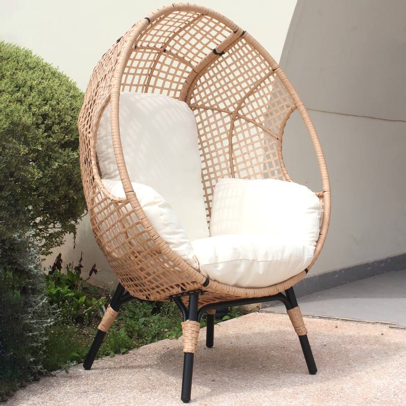 Egg Chair Basket Chair Grid Wicker Lounge Chair with Cushion and Arm - Natural