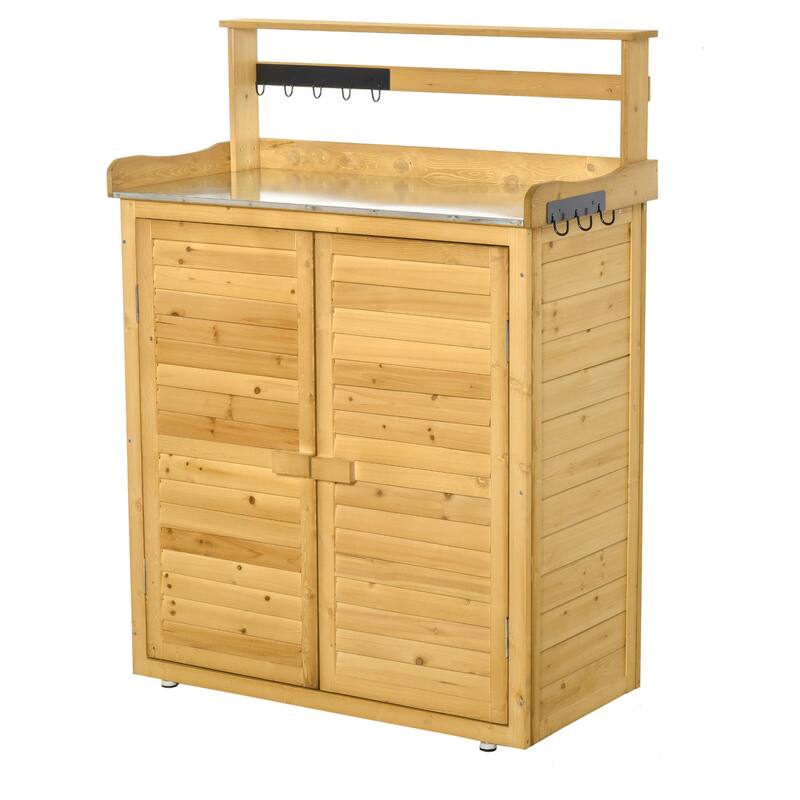 Outsunny Backyard Garden Tool Storage Shed, Sheds & Outdoor Storage & Potting Bench with 2 Magnetic Close Doors