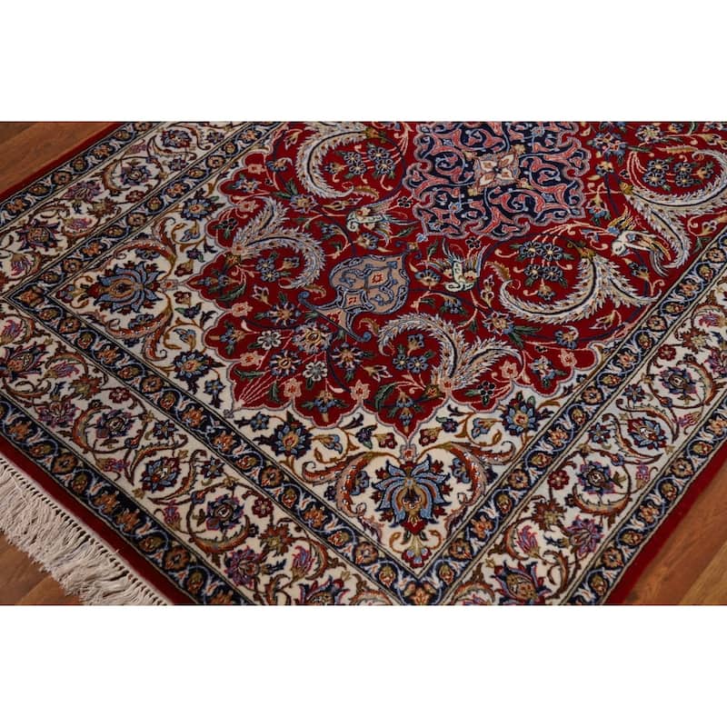Vegetable Dye Red Wool & Silk Isfahan Persian Rug Hand-Knotted - 3'7"x 5'7"